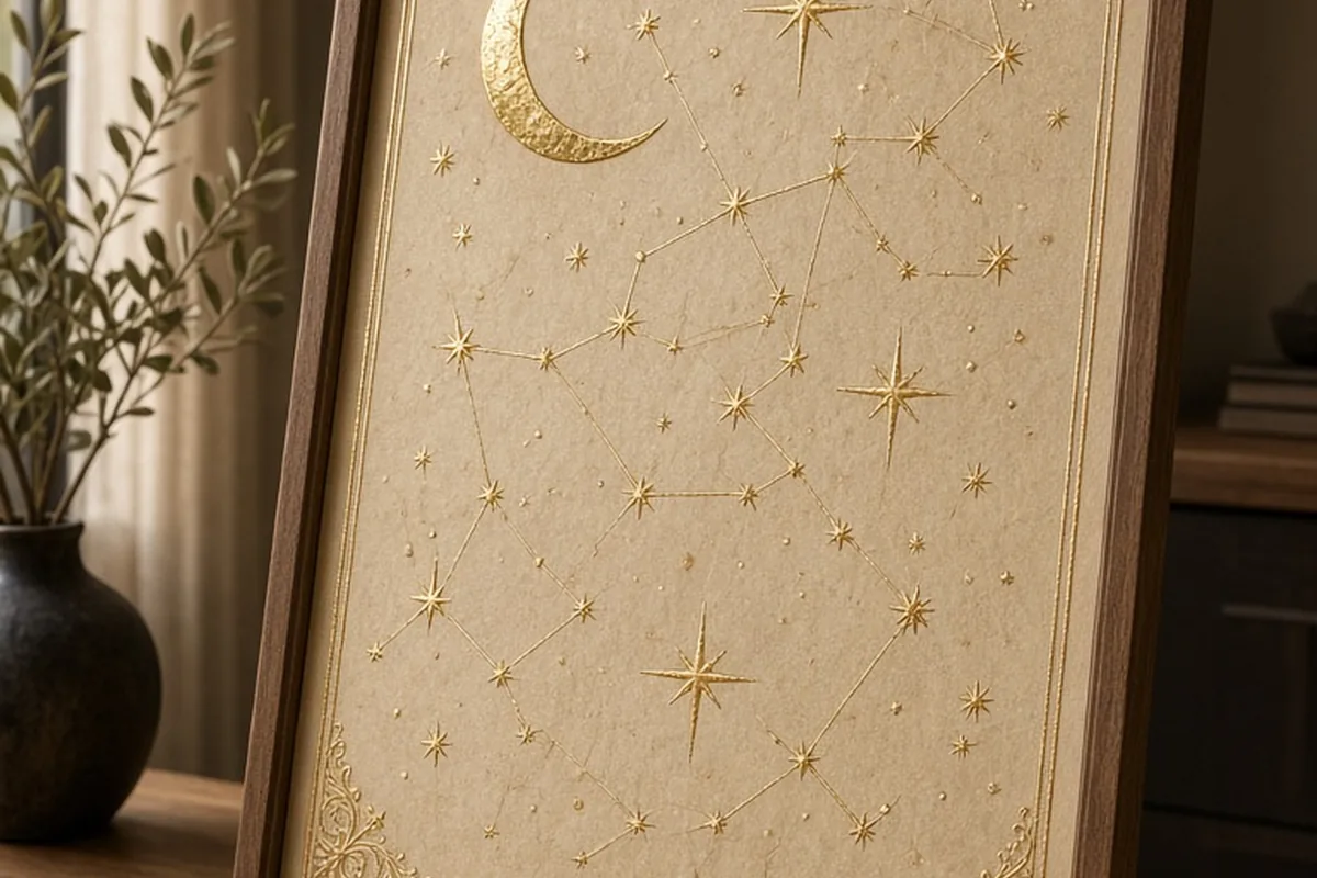 Custom gold-leaf constellation map with stars and constellations representing the night sky on the couple's wedding date, displayed on a wooden table in a modern home interior