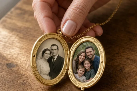 An adult hand opening a gold locket on a wooden table, revealing a vintage wedding portrait and a current family photograph inside