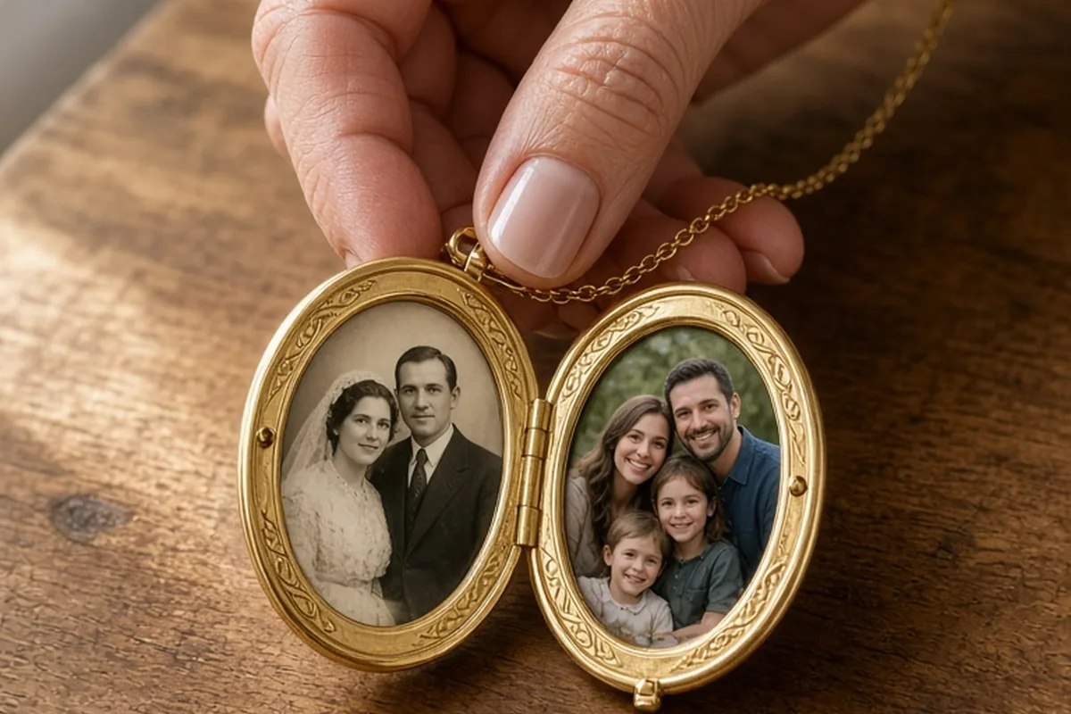 An adult hand opening a gold locket on a wooden table, revealing a vintage wedding portrait and a current family photograph inside