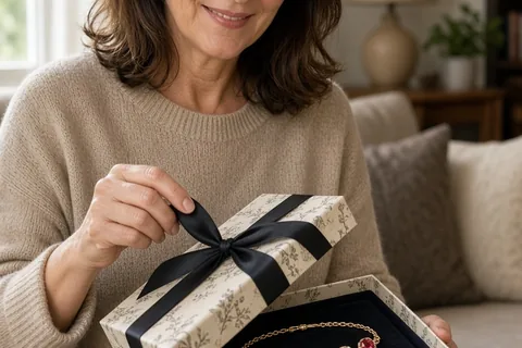 Woman in her early 50s opening a wrapped gift box to show a gold bracelet with five distinct gemstones