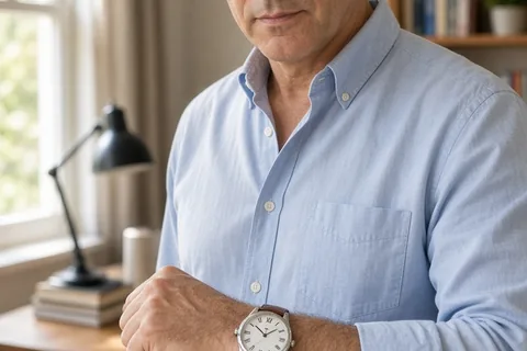 A man in his 50s wearing a vintage timepiece on his wrist in a home office.