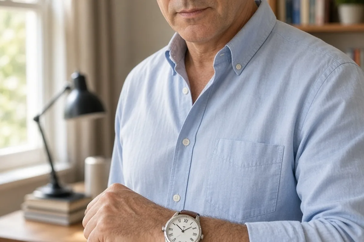 A man in his 50s wearing a vintage timepiece on his wrist in a home office.