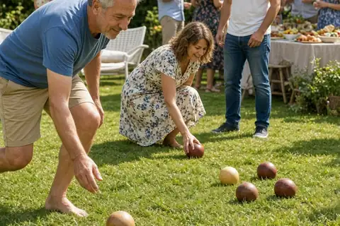 Group of adults of various ages playing bocce ball on a sunny garden lawn during a 50th birthday celebration