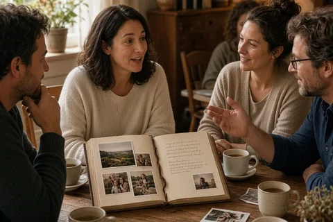An open artisan-bound blank book on a wooden table surrounded by a group of adults in casual attire, with pages filled with pasted photographs and handwritten stories from a milestone birthday party.