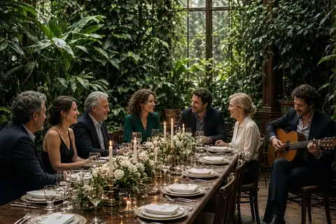 Adults seated at a dining table in a historic conservatory during a private dinner with an acoustic guitarist playing in the background