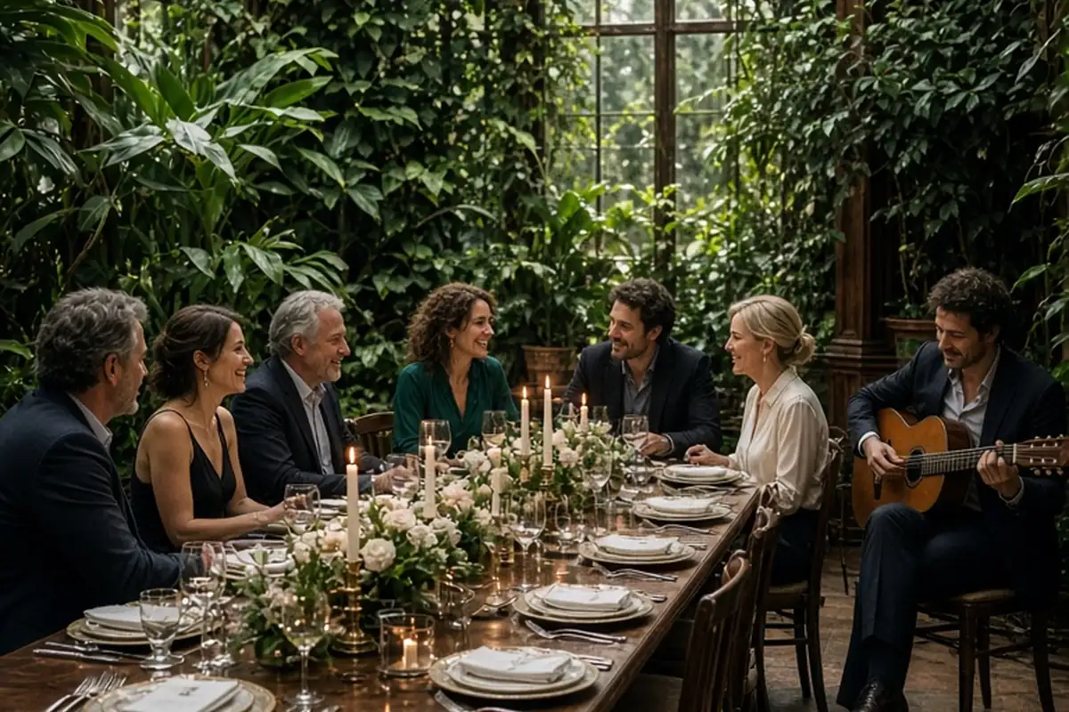 Adults seated at a dining table in a historic conservatory during a private dinner with an acoustic guitarist playing in the background