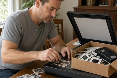 A man carefully sorting and scanning old family photos on a table in a home living room