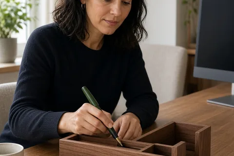 A woman in her thirties at a desk placing a fountain pen into a walnut desk organizer in a modern apartment