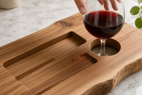 A woman's hand placing a red wine glass into a slot of a live-edge bath caddy on a marble bathroom vanity, with natural wood grain and soft lighting.