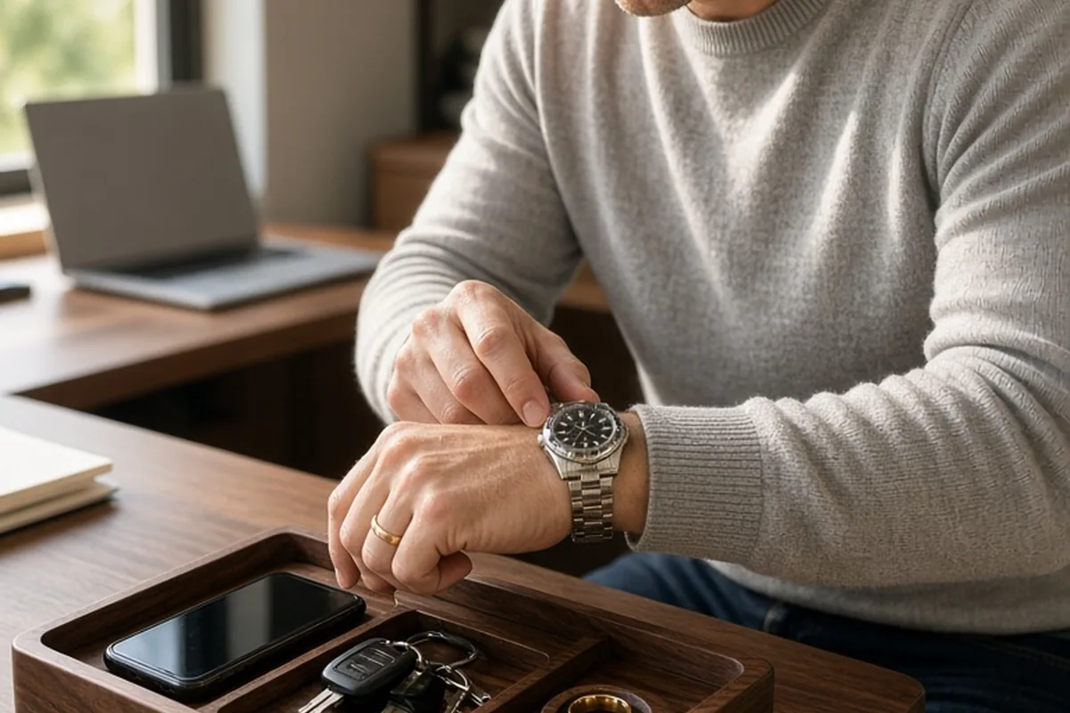 A man in a home office arranging items in a walnut valet tray on his desk.