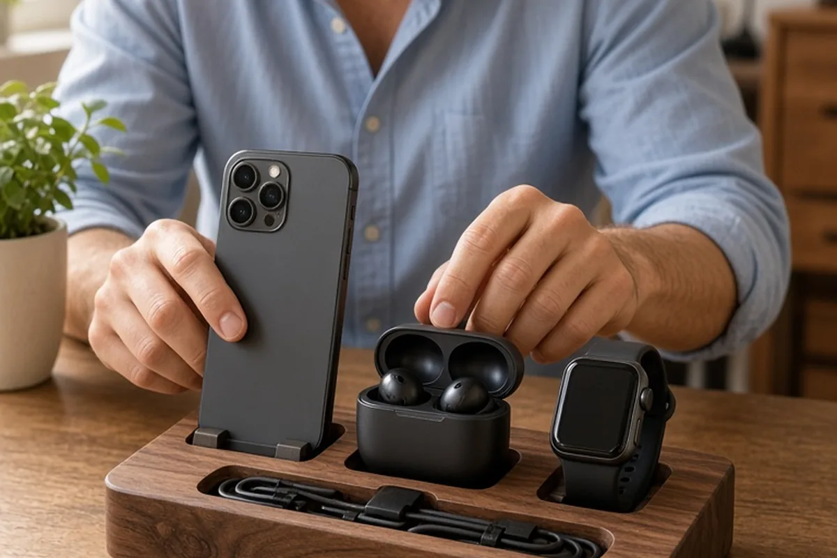 Man using walnut charging dock on home office desk to organize his phone, earbuds and watch