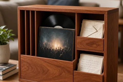 Custom cherrywood record stand with vinyl album inside and handwritten letter tucked alongside it on a shelf in a cozy living room
