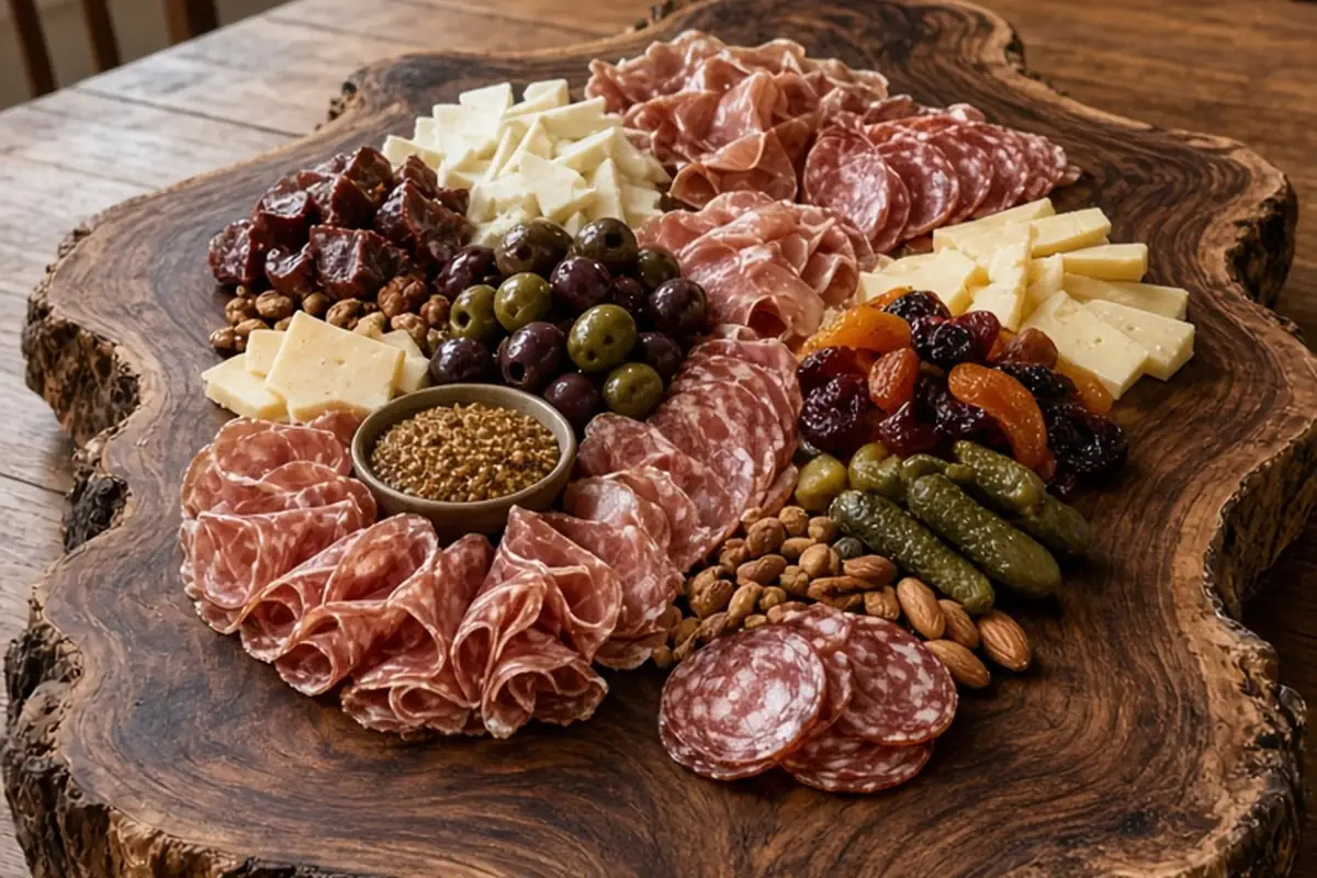 A large black walnut charcuterie board with live edges displayed as a centerpiece on a wooden dining table