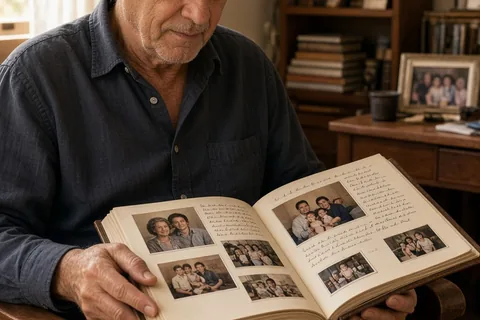 A man flipping through a custom family photo album in a sunlit room