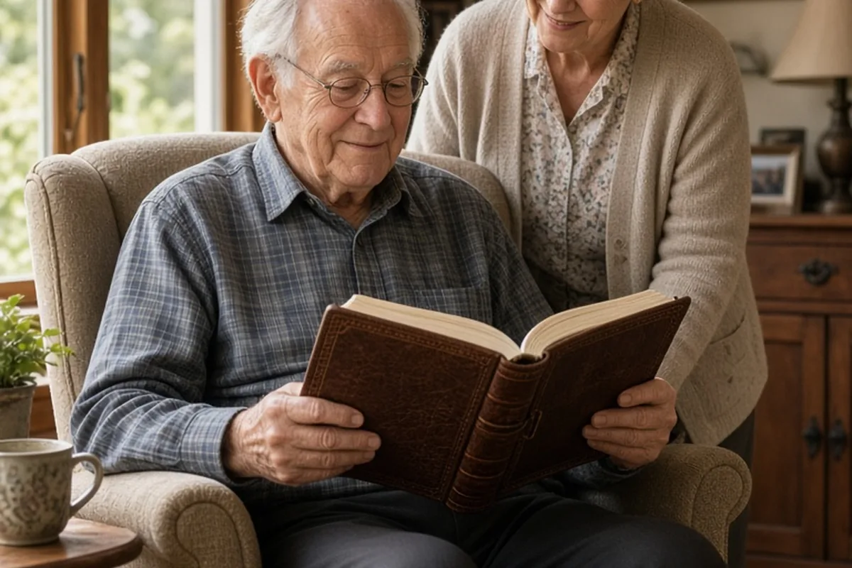 An elderly man in a cardigan seated in an armchair reading an open brown leather book with a smile, his wife standing beside him in a living room.