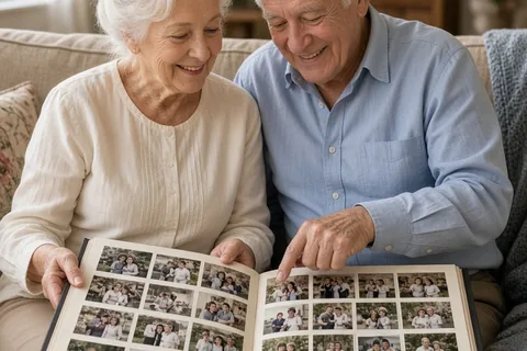 A 75-year-old couple turning pages in a photo album in a living room