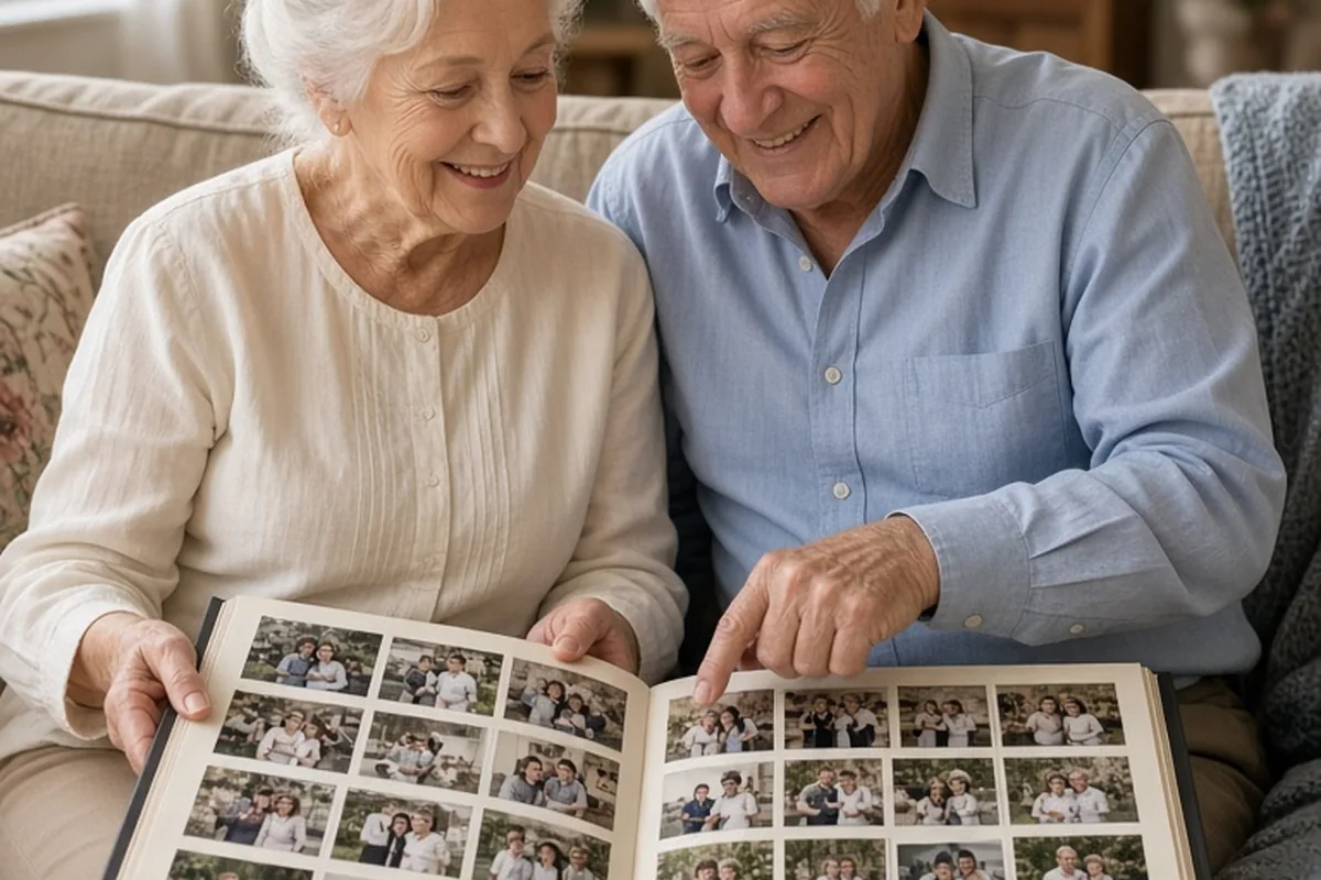 A 75-year-old couple turning pages in a photo album in a living room