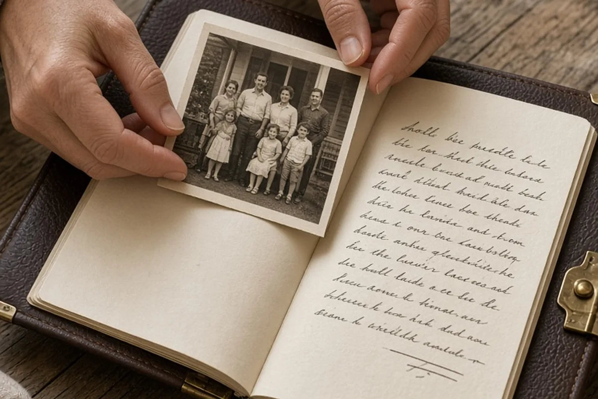A pair of hands placing a scanned vintage photograph and a handwritten letter into an open premium leather memory book on a wooden desk.