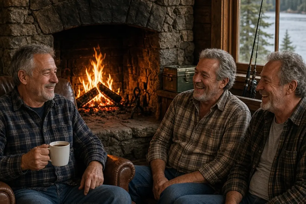 Three middle-aged men in a rustic cabin relaxing around a stone fireplace, one holding a coffee mug and smiling at his friends, fishing rods and lake view in the background