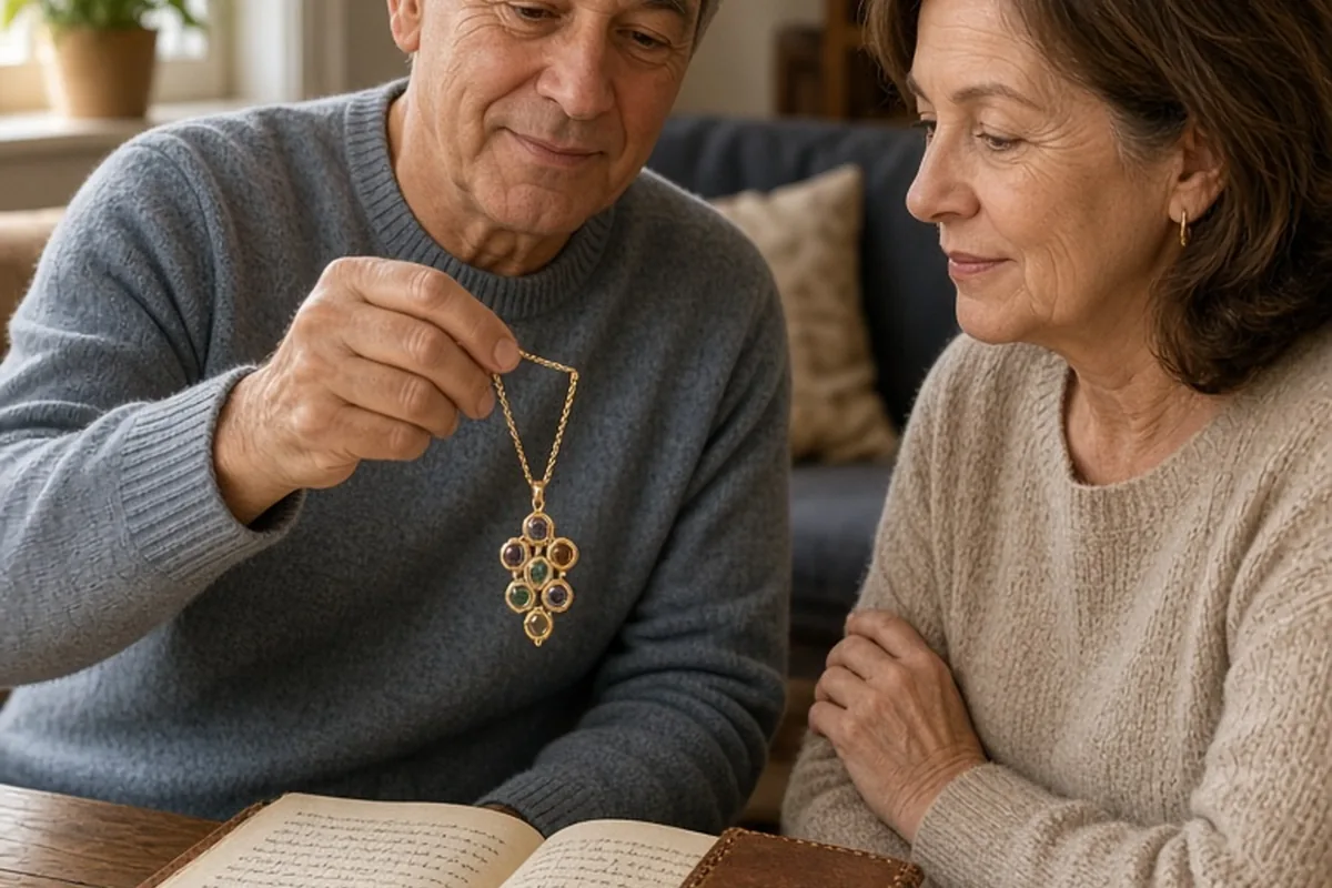 A man in his mid-60s handing a gold pendant to a smiling woman in her early 60s while a leather journal sits on the table in a living room