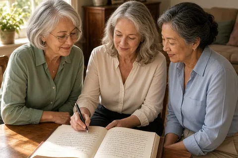 Three women in their 60s writing letters in a memory book at a dining table in a home.