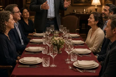 Middle-aged adults gathered around a dining table in a private room, one man standing to deliver an anecdote while others listen with warm expressions.