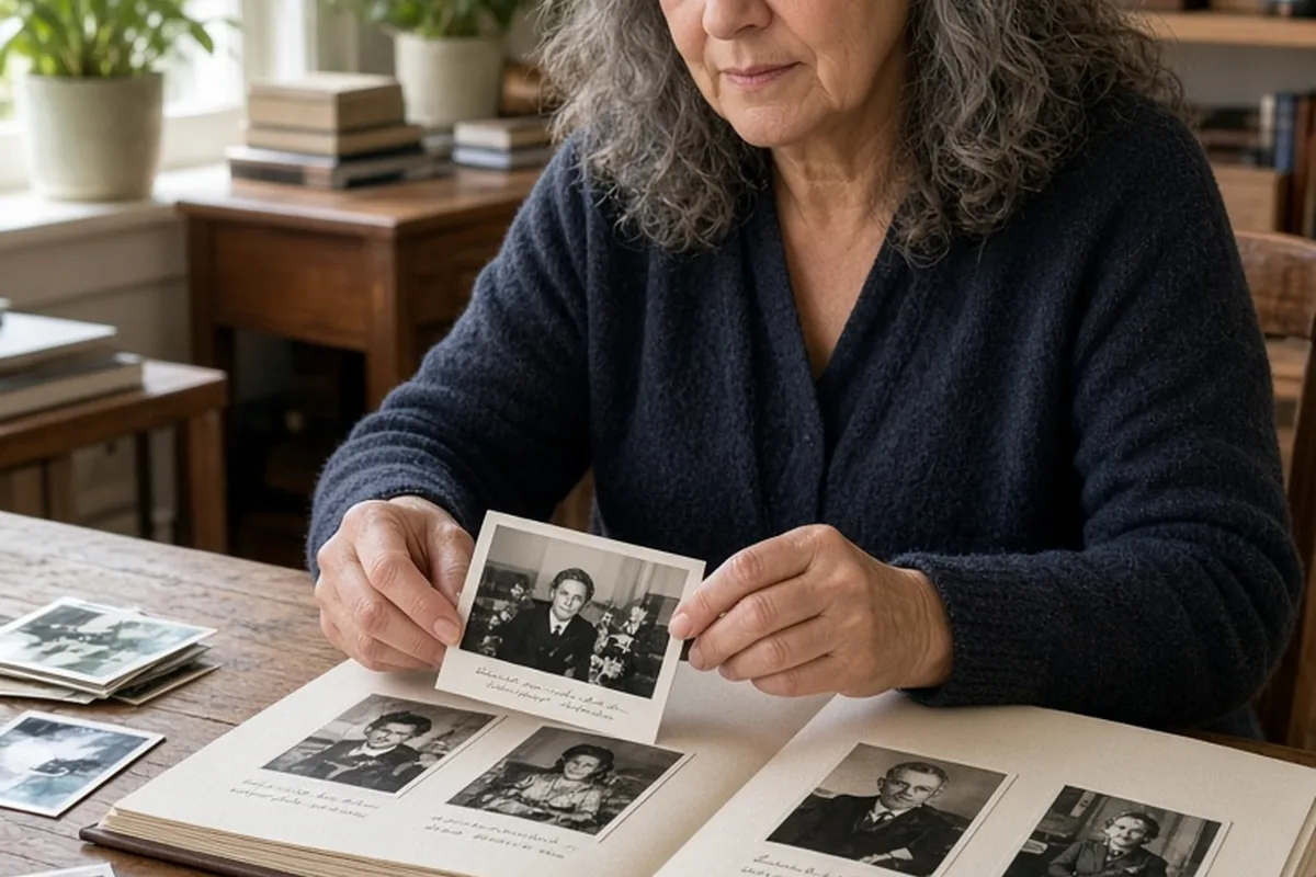 A woman in her early sixties with salt-and-pepper hair arranging vintage photographs into an open linen-bound photo album at a wooden table in a bright home office