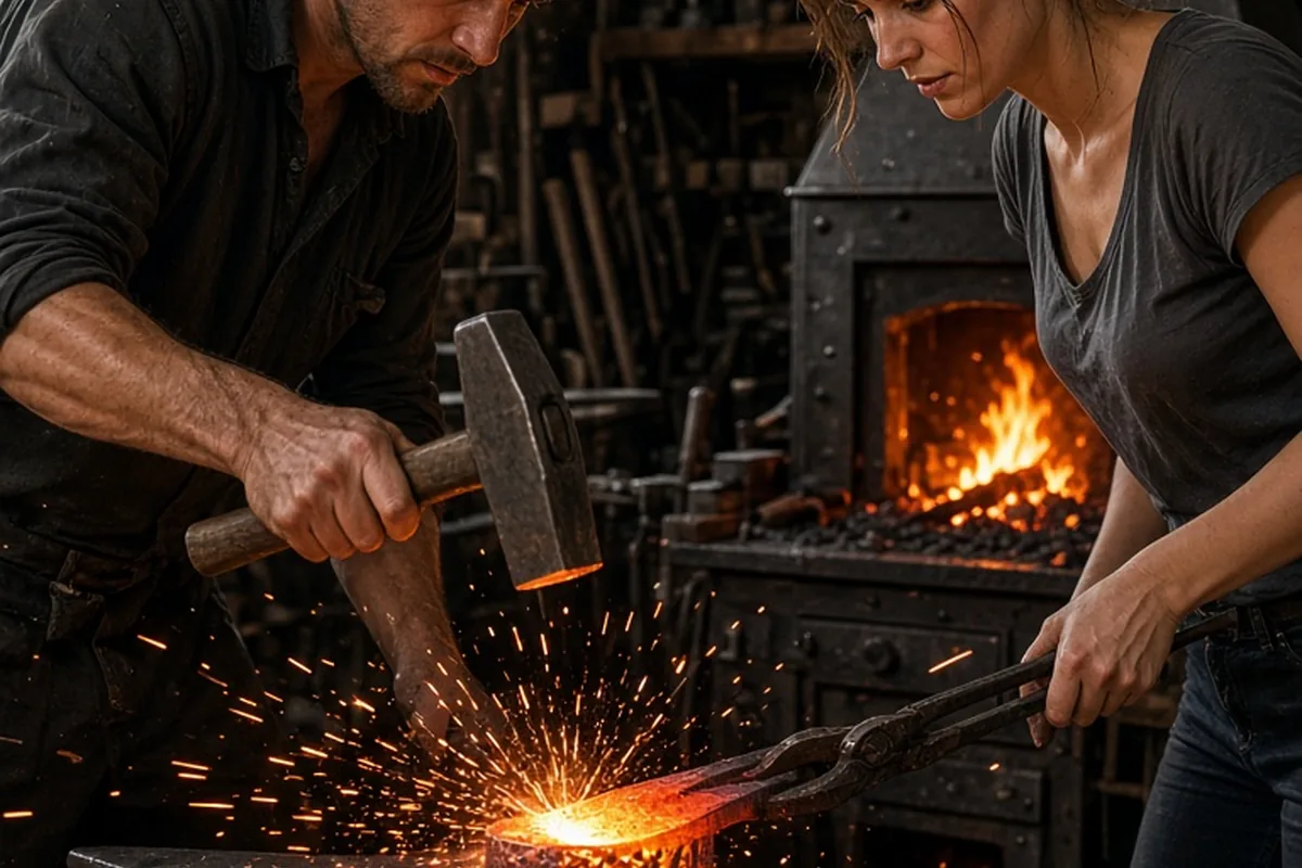 A man and woman forging a glowing iron baking stone together in a blacksmith workshop, sparks flying