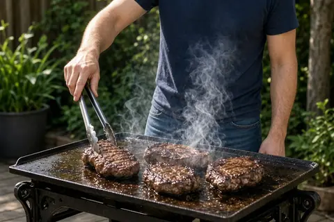 A man flipping steaks on a freestanding cast-iron plancha in a sunny backyard