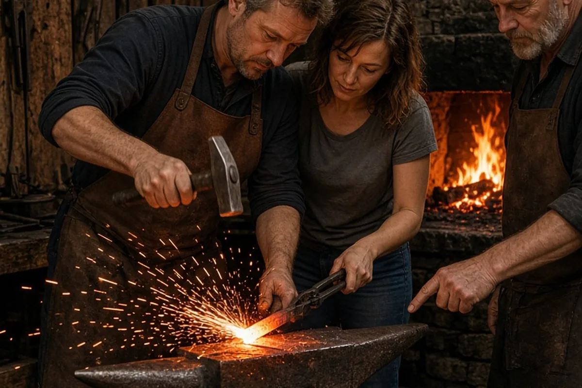 A man and woman forging an iron anniversary gift on an anvil in a blacksmith workshop with sparks flying