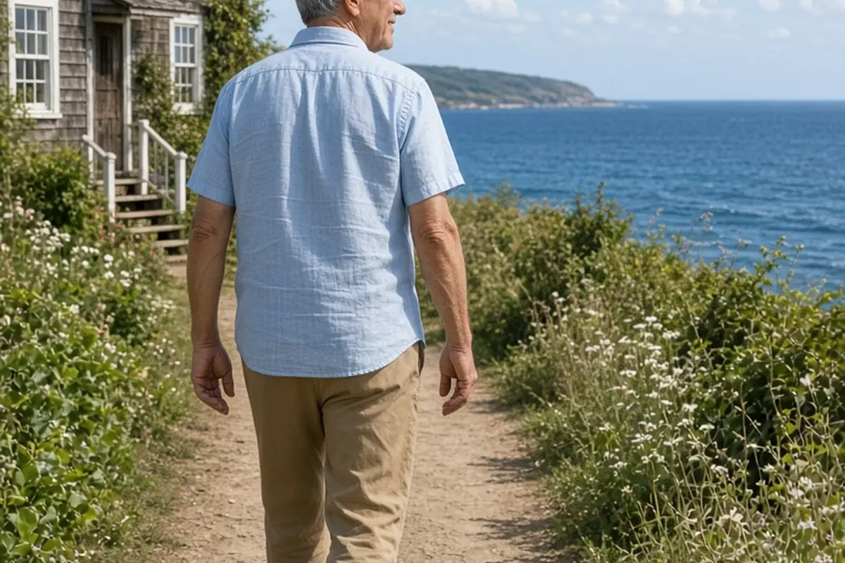 An older man with short gray hair walking along a coastal path next to the ocean in front of a cottage, shown in a side and behind medium shot within a 3:2 landscape frame.