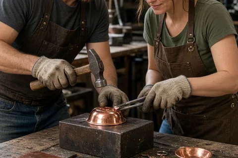 Couple forging a small copper keepsake at a metal workshop