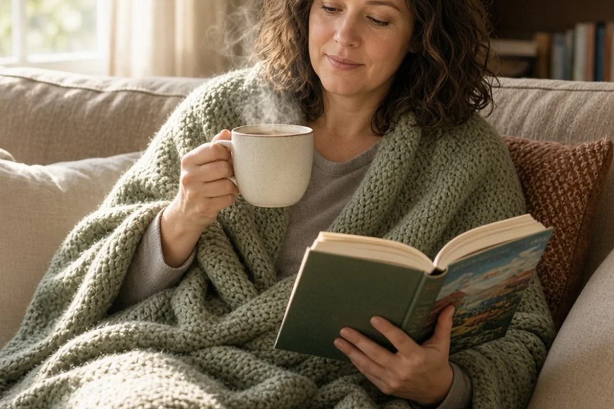 A woman relaxing on a couch reading a book and sipping tea while wrapped in a sage green wool throw blanket