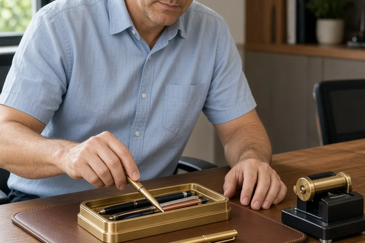 A man in his 40s with short brown hair arranging a brass pen tray and pens on a leather desk pad in a home office.