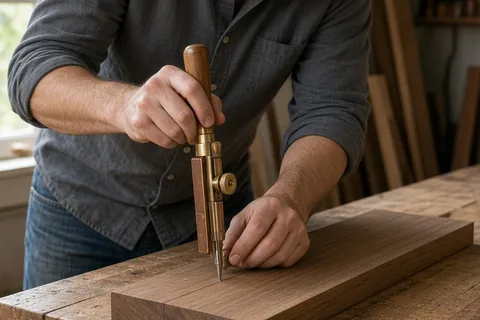 Man with short dark hair using a brass and copper marking gauge to mark wood on a workbench in his workshop