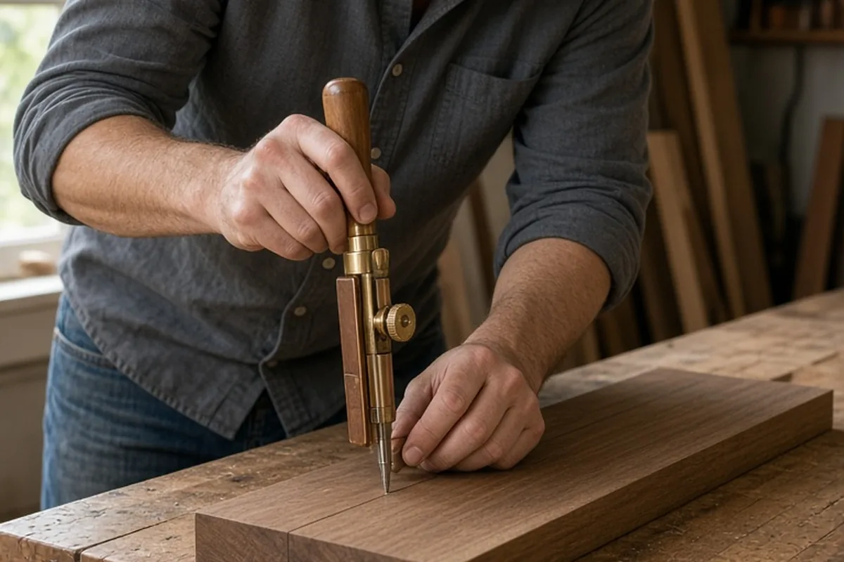 Man with short dark hair using a brass and copper marking gauge to mark wood on a workbench in his workshop