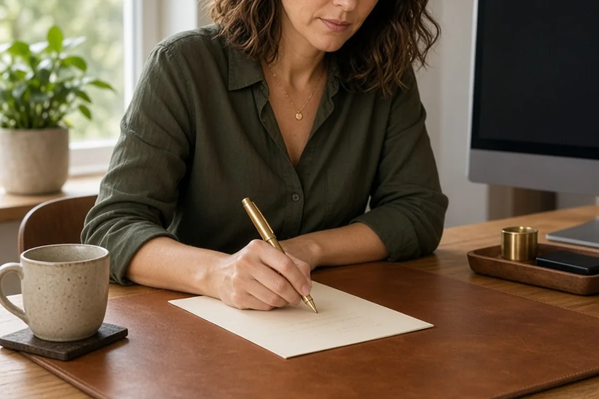 Woman writing at a desk with leather desk mat and fountain pen