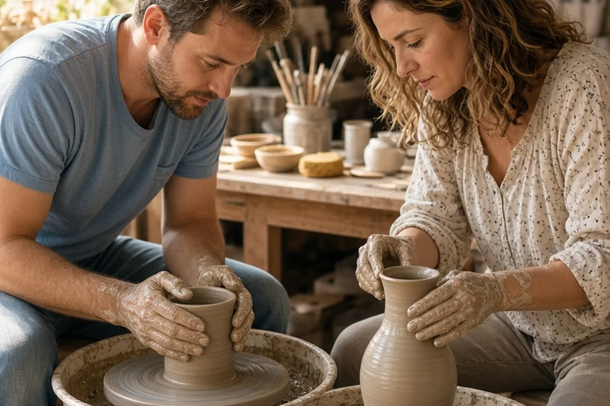 A man and a woman in their thirties at pottery wheels in a studio, hands shaping wet clay into mugs