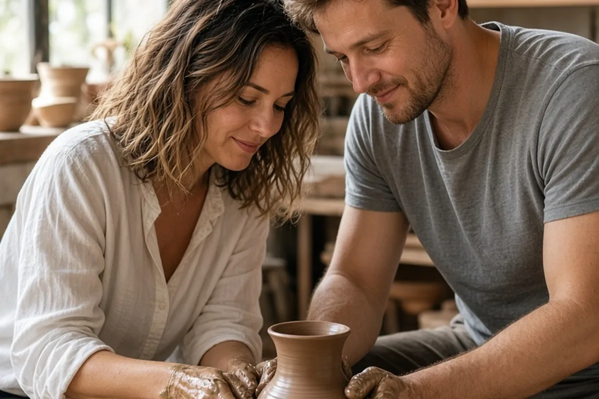 A couple in a pottery studio at a wheel, one centering clay while the other shapes it into a vase.