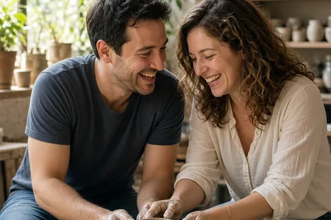 A man and a woman sitting at a pottery wheel, hands on wet clay, laughing together in a ceramics studio