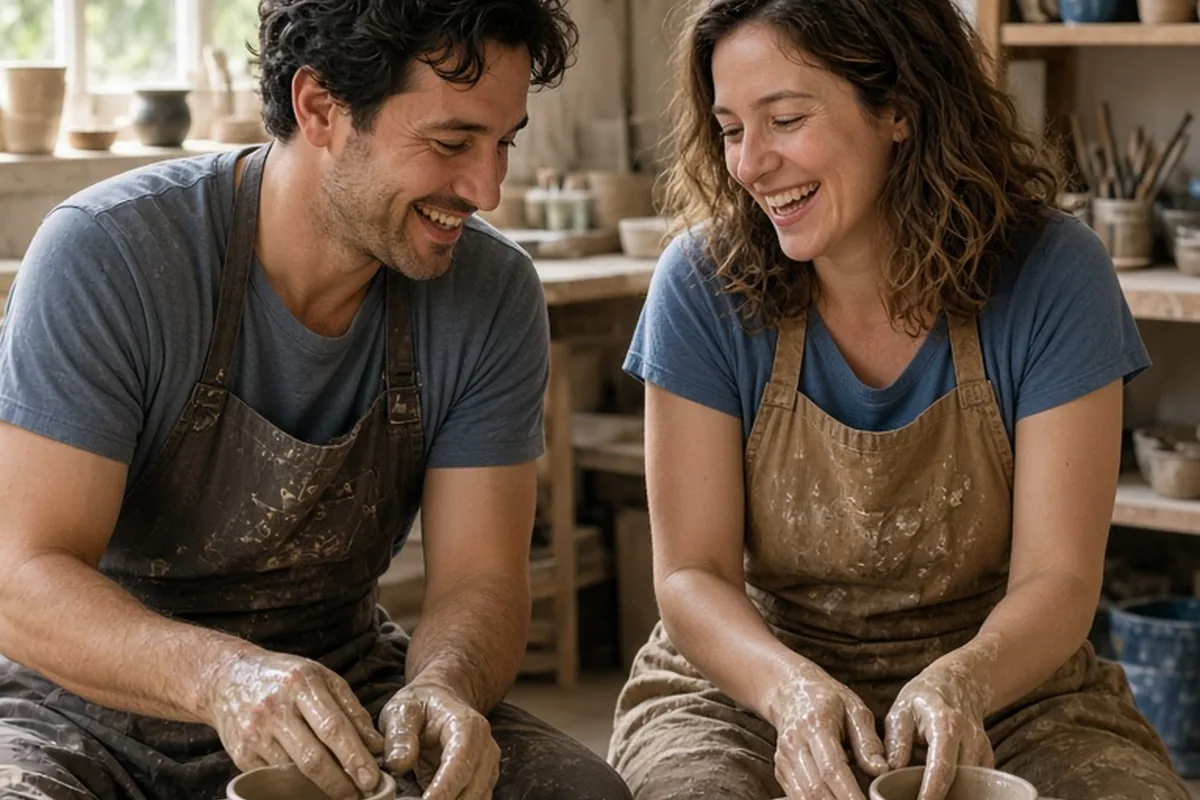 A man and woman in aprons shaping clay on pottery wheels in a studio