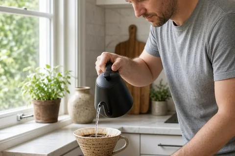 Man in mid-30s with short brown hair and light stubble pouring hot water into a wheel-thrown ceramic pour-over dripper on a stoneware mug in a modern kitchen