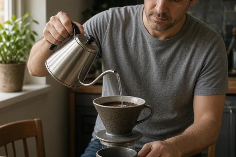 A man in his 40s with short dark hair and light stubble wearing a casual gray t-shirt and jeans pours hot water from a kettle into a ceramic dripper to make coffee in a heavy stoneware mug on a wooden