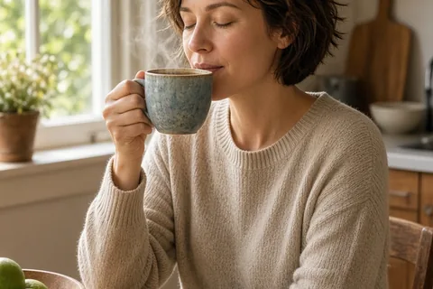 A woman at a kitchen table holding a coffee mug filled with coffee in morning light.