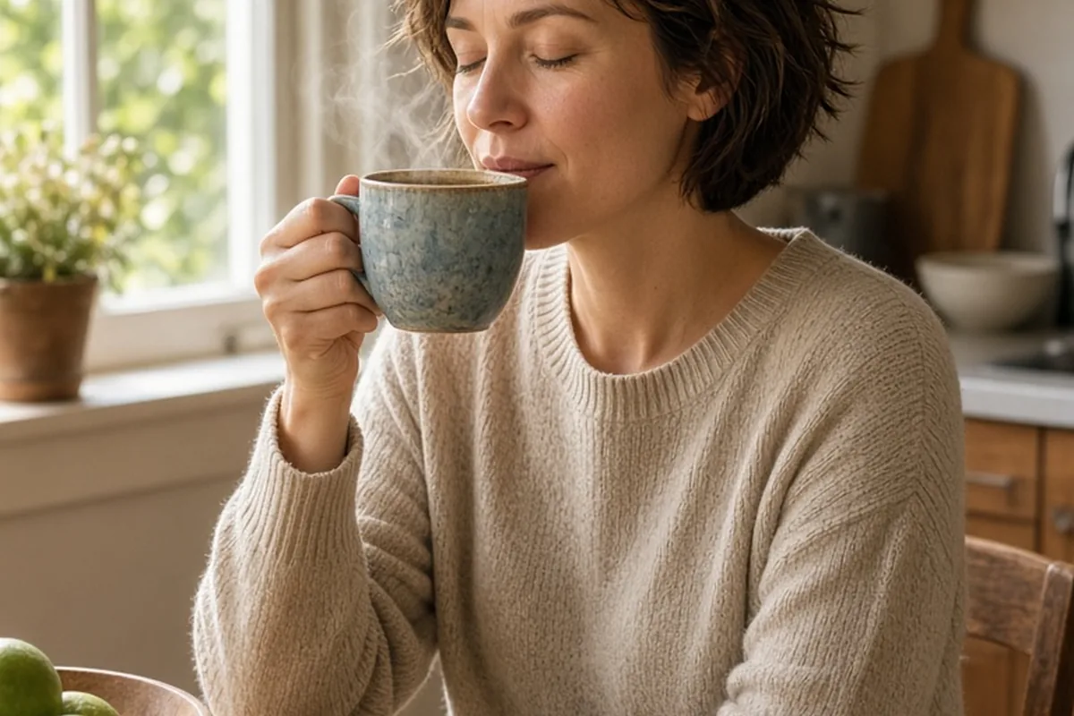 A woman at a kitchen table holding a coffee mug filled with coffee in morning light.