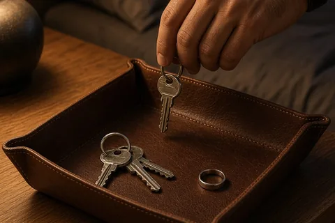 A clearly adult hand placing a set of house keys into an open brown leather valet tray on a wooden nightstand in a dimly lit bedroom, with a luxury watch and a simple silver ring arranged beside it