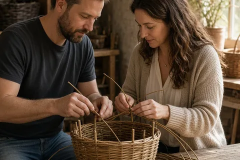 A man and a woman in their 30s weaving a willow basket together on a table in a bright studio.