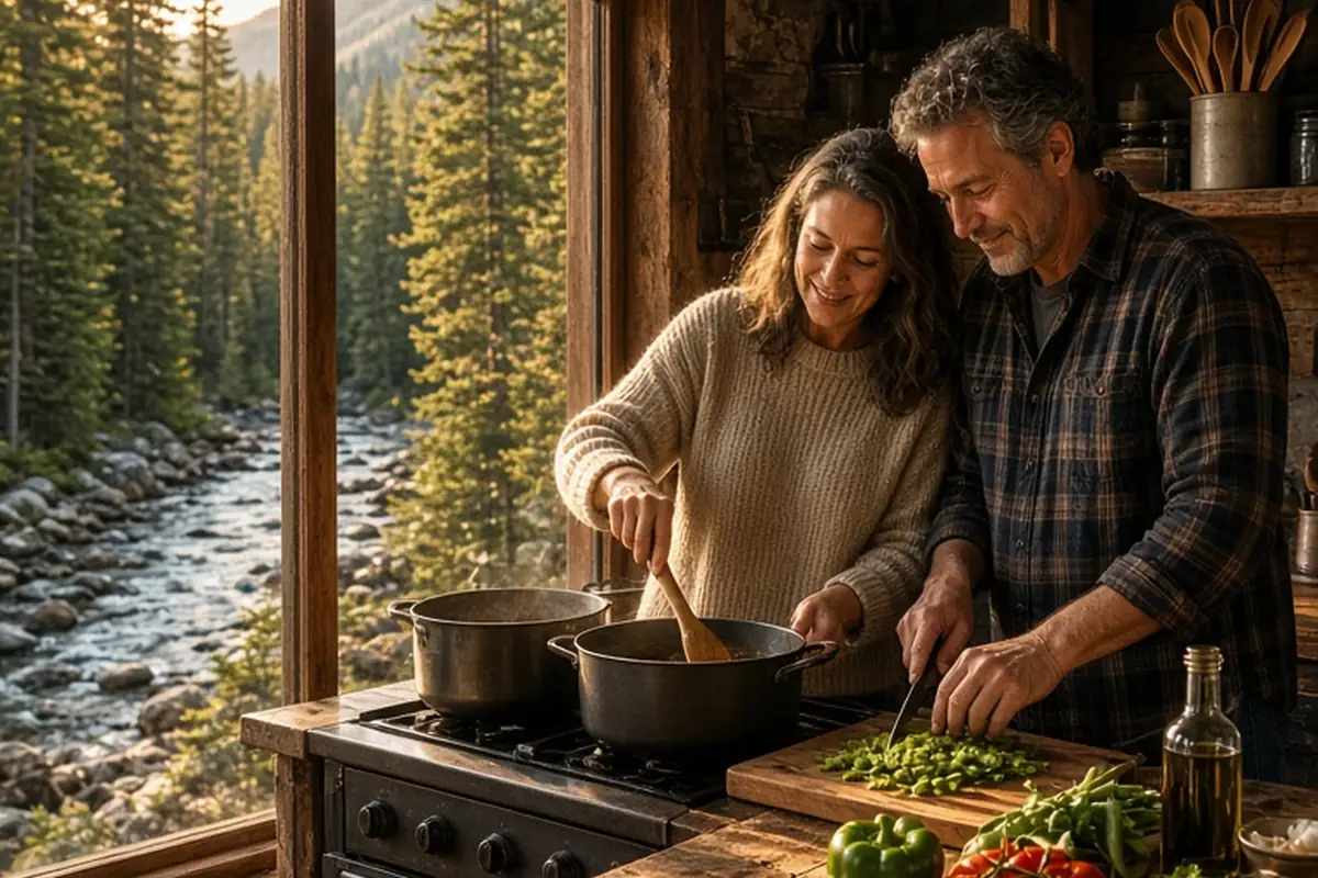 A couple cooking dinner together in a rustic mountain cabin kitchen with a scenic river view through the large windows.