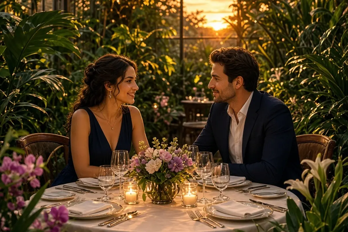 A couple sharing an intimate dinner in a botanical garden conservatory with lush plants