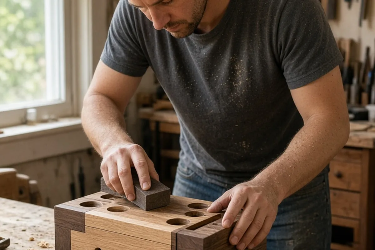 A man in his thirties with short brown hair and light stubble sanding a custom wooden docking station for a bedside table in a home workshop.